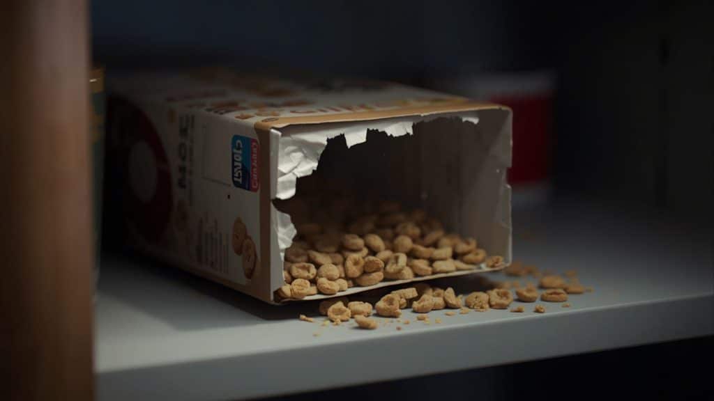 Cereal box chewed open on a pantry shelf with cereal spilling out, a common sign of mice in the house