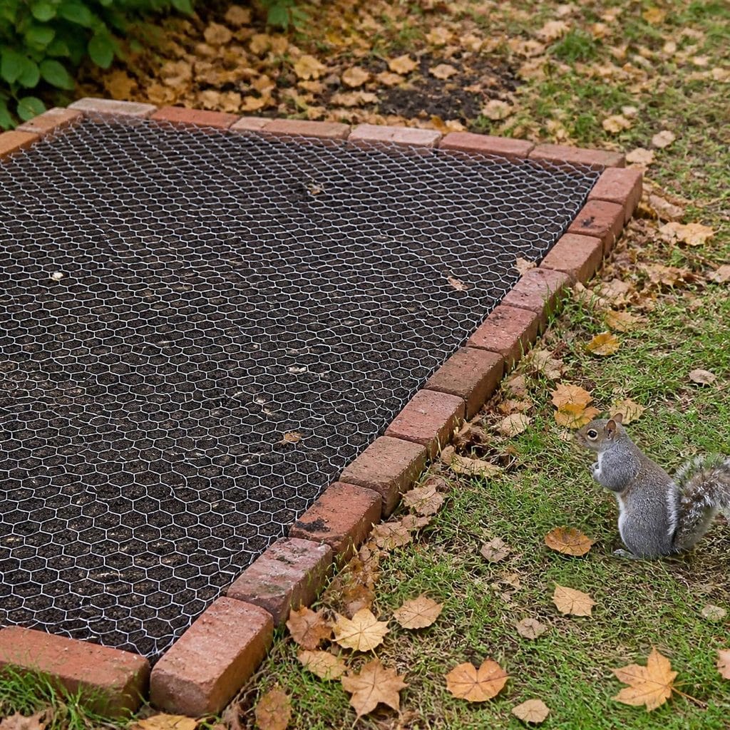 Chicken wire held down with bricks over a freshly planted bulb bed in fall, keeping a nearby squirrel from digging up the bulbs