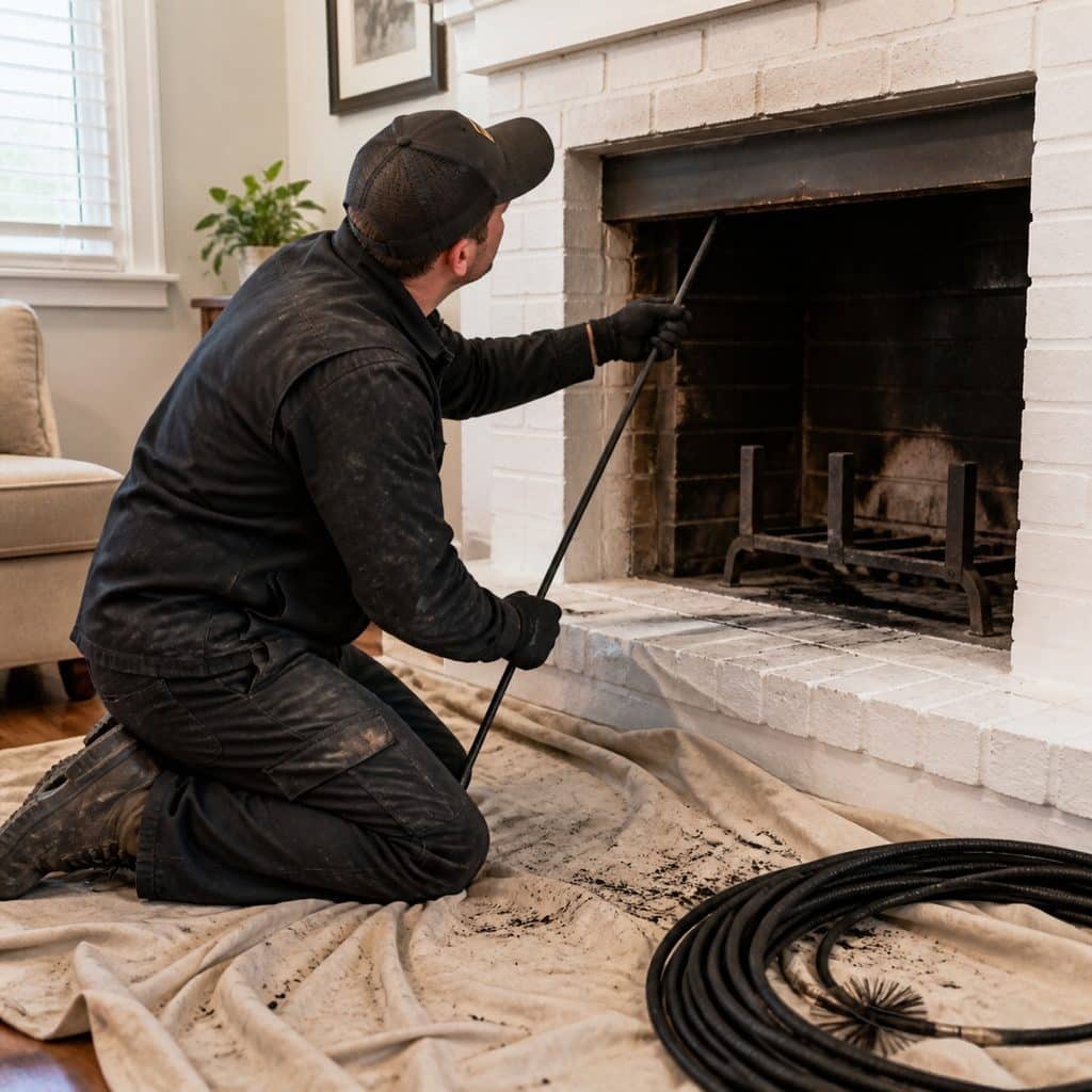 Chimney sweep kneeling on a drop cloth pushing a chimney brush rod up into a fireplace flue to clean out creosote