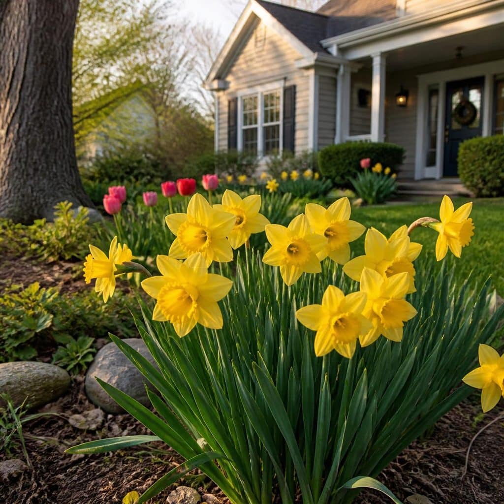 Clump of yellow daffodils blooming in a front yard garden bed in spring, with pink and red tulips behind them, after planting fall bulbs