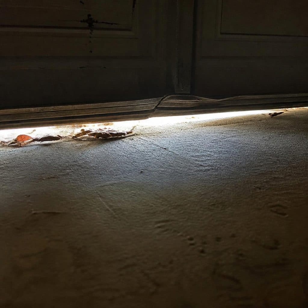 Daylight showing under a worn, uneven garage door bottom seal with leaves and mouse tracks on the floor, a gap mice can squeeze through