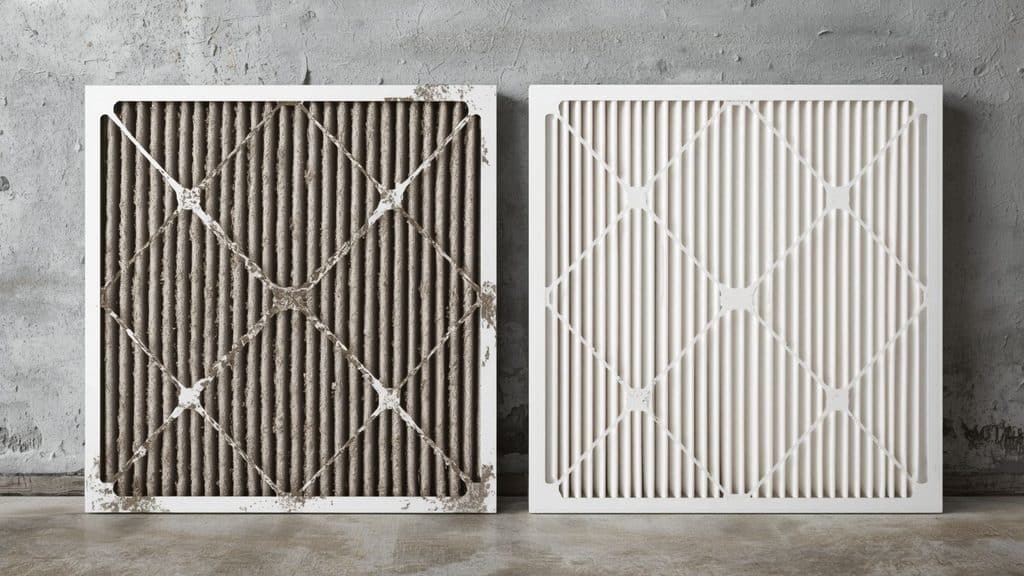 Dirty clogged furnace air filter next to a clean new filter, a common reason a furnace is not turning on