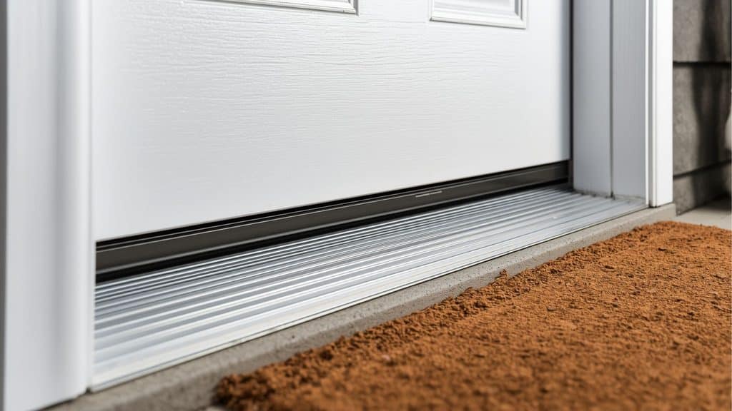 Door sweep installed along the bottom of a white exterior door, sealing the gap at the threshold to keep mice out of the house