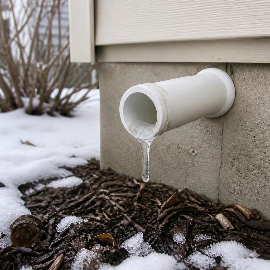 Sump pump discharge pipe on the side of a house with ice inside and an icicle hanging from the end in winter