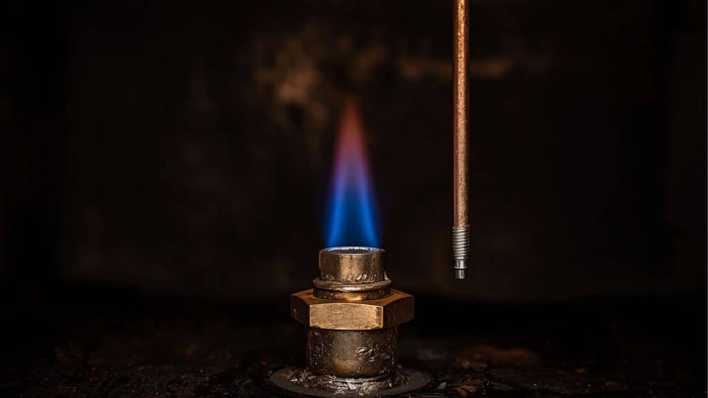 Blue furnace pilot light flame burning next to the thermocouple probe that tells the furnace the pilot is lit