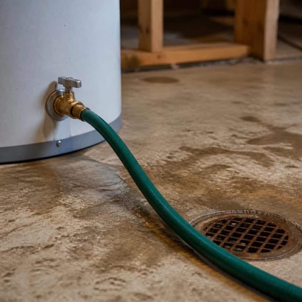 Garden hose connected to the drain valve at the bottom of a water heater and running to a basement floor drain