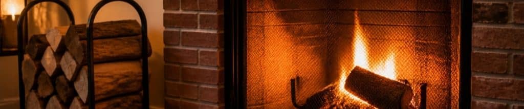 Brick fireplace with a mesh screen in front of a burning fire and a small firewood holder nearby, ready for winter. Get your fireplace ready for winter