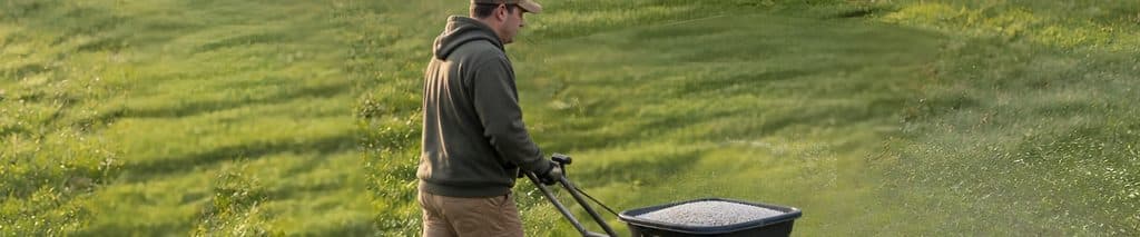 Man pushing a broadcast spreader of pelletized lime across a green lawn in fall, ready to use a lawn lime calculator to measure how much lime to spread