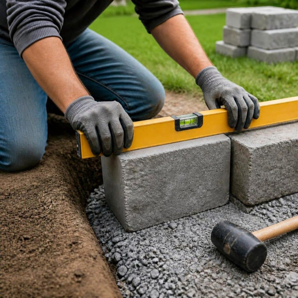 Checking retaining wall blocks with a level on a compacted gravel base before setting the next course