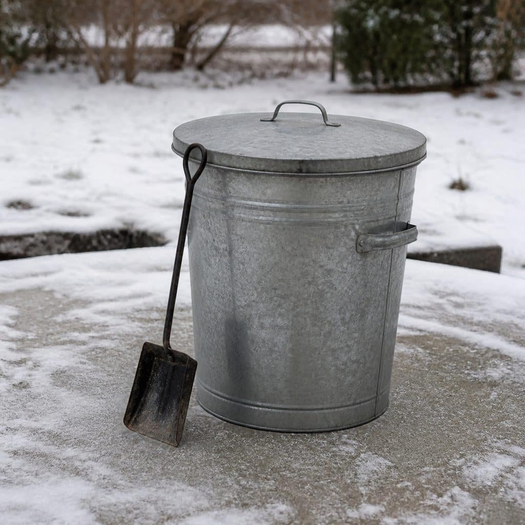 Galvanized metal ash bucket with a tight lid sitting outside on a snowy patio away from the house, with an ash shovel leaning against it