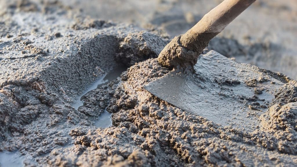 mixing bags of concrete by hand with a hoe