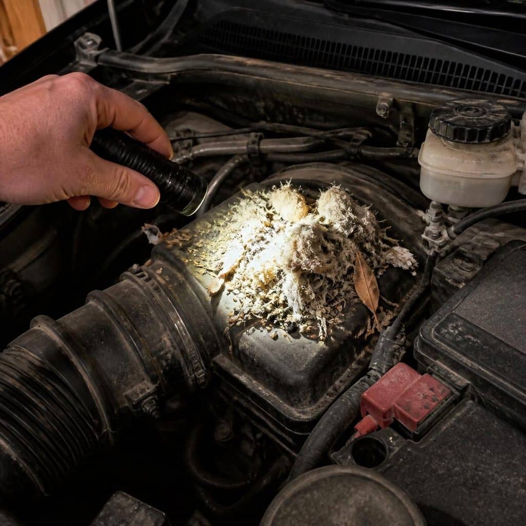 Flashlight shining on a mouse nest of shredded insulation and leaves on top of a car's air filter box under the hood