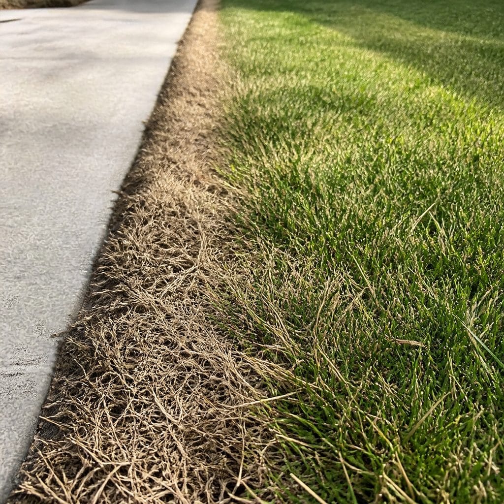 Strip of brown, dead grass along the edge of a concrete sidewalk from winter salt damage, next to green lawn