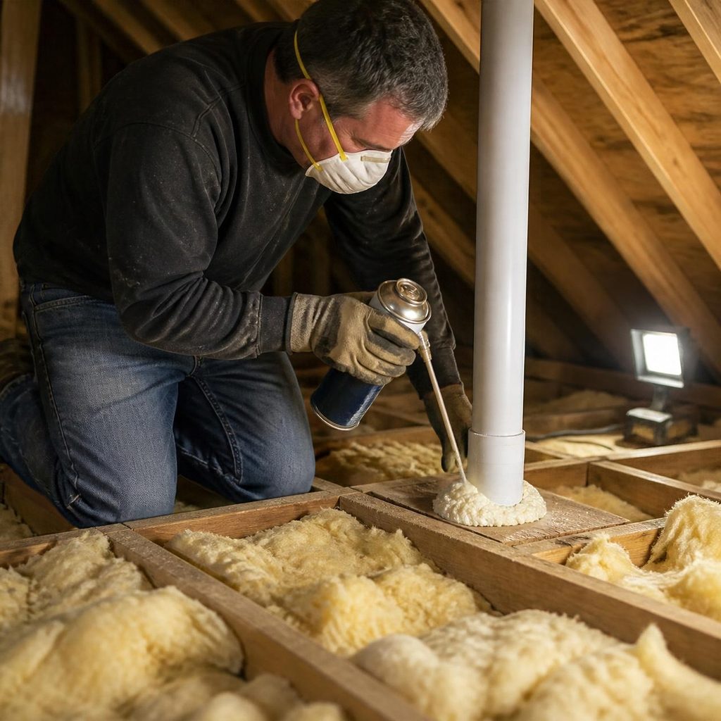 Homeowner sealing an attic air leak around a plumbing pipe with expanding foam to help prevent ice dams