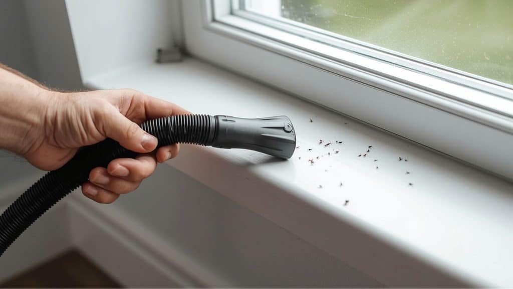 vacuuming boxelder bugs off a windowsill inside the house