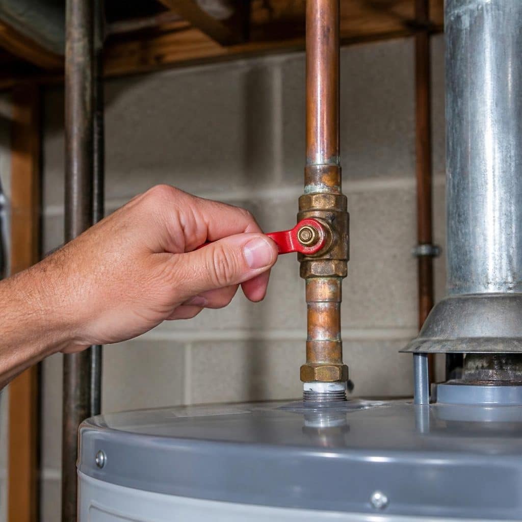 Hand turning the red cold water shutoff valve above a water heater before flushing the tank