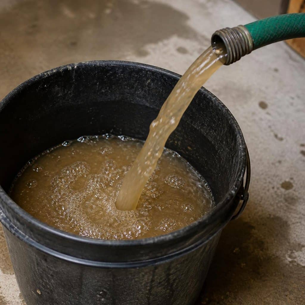 Cloudy, sediment-filled water draining from a garden hose into a bucket while flushing a water heater
