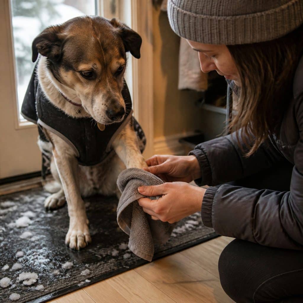 Woman wiping her dog's paw with a towel in the entryway after a winter walk to remove ice melt