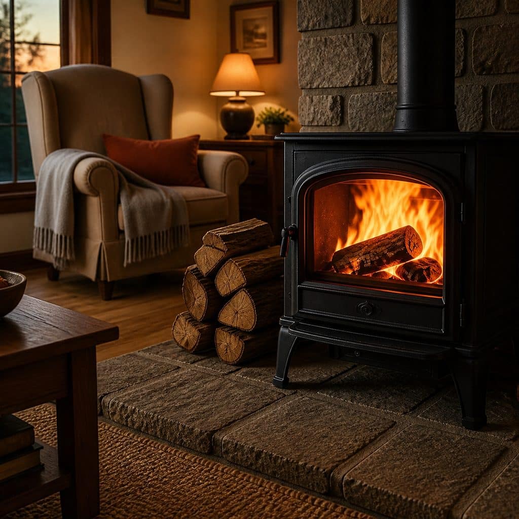 Cast-iron wood stove burning firewood behind a glass door on a stone hearth, with split logs stacked beside it in a living room